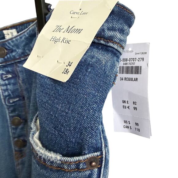 Abercrombie & Fitch Curve Love The Mom High Rise Jeans 34 18R Blue Denim Raw Hem - Picture 3 of 9